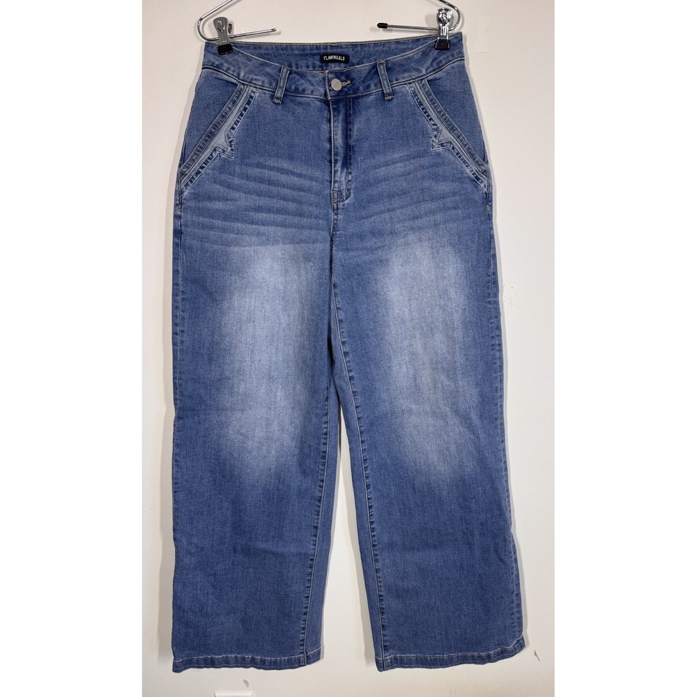 Flamingals Wide Leg Mid Rise Med Wash Jeans Women's M Stretchy Whiskered Western